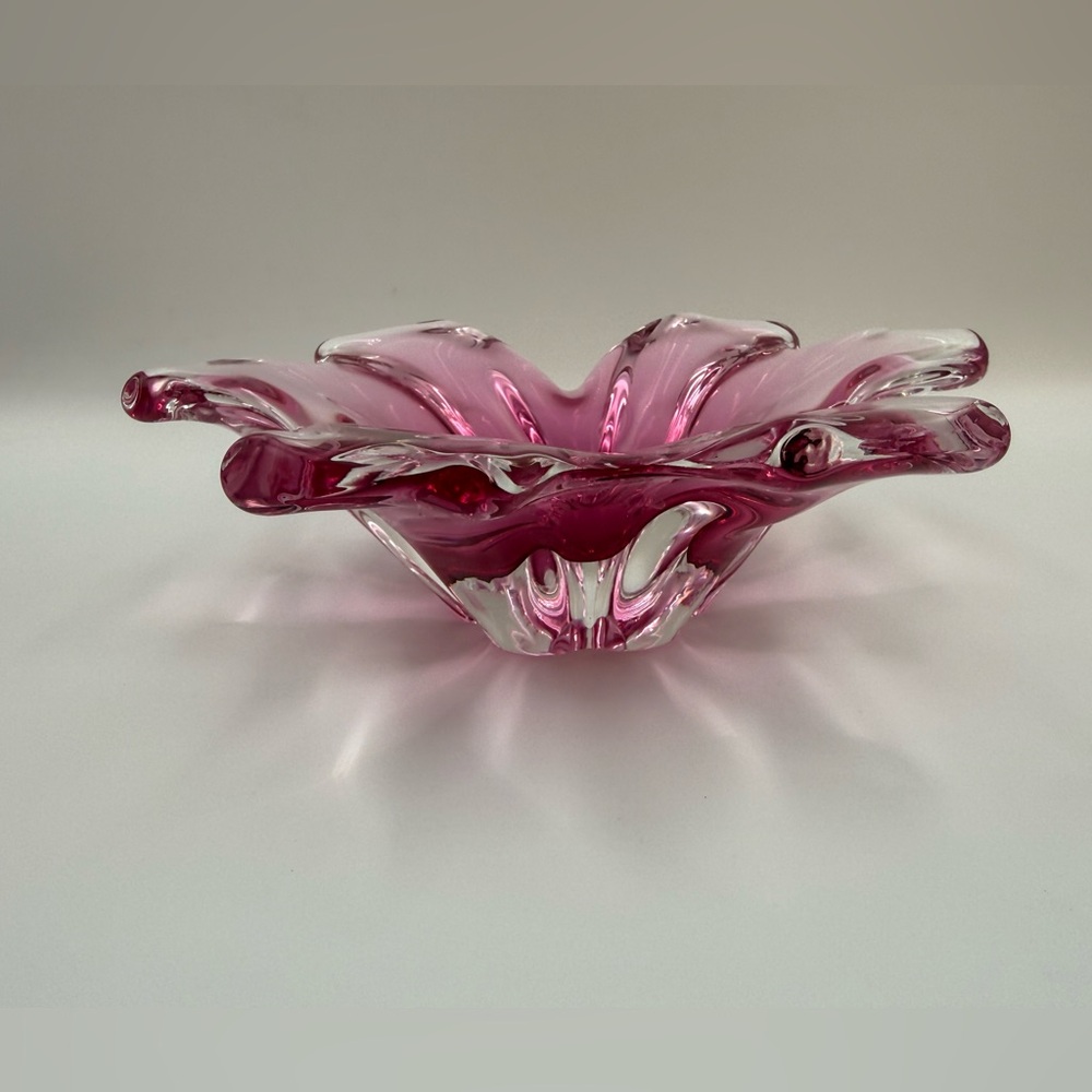 Vintage Murano Style Pink & Clear Glass Vintage Bowl Cranberry Polished Base